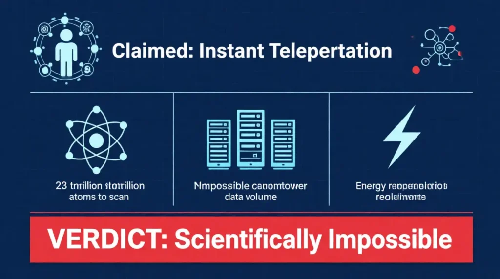 Scientific impossibility infographic showing why apple teleportation cannot work