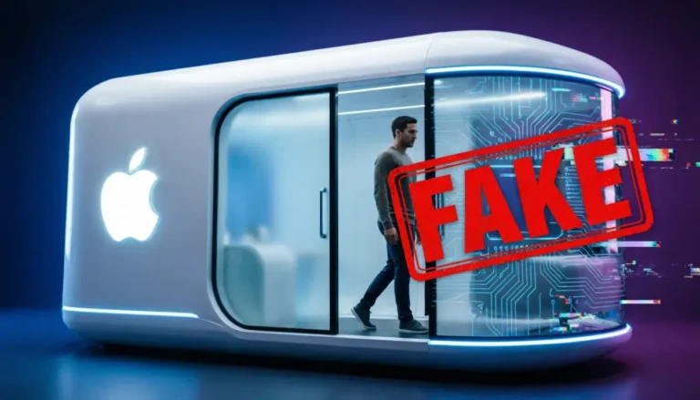 AI-generated Apple teleport video showing fake futuristic pod with Apple logo and teleportation effects