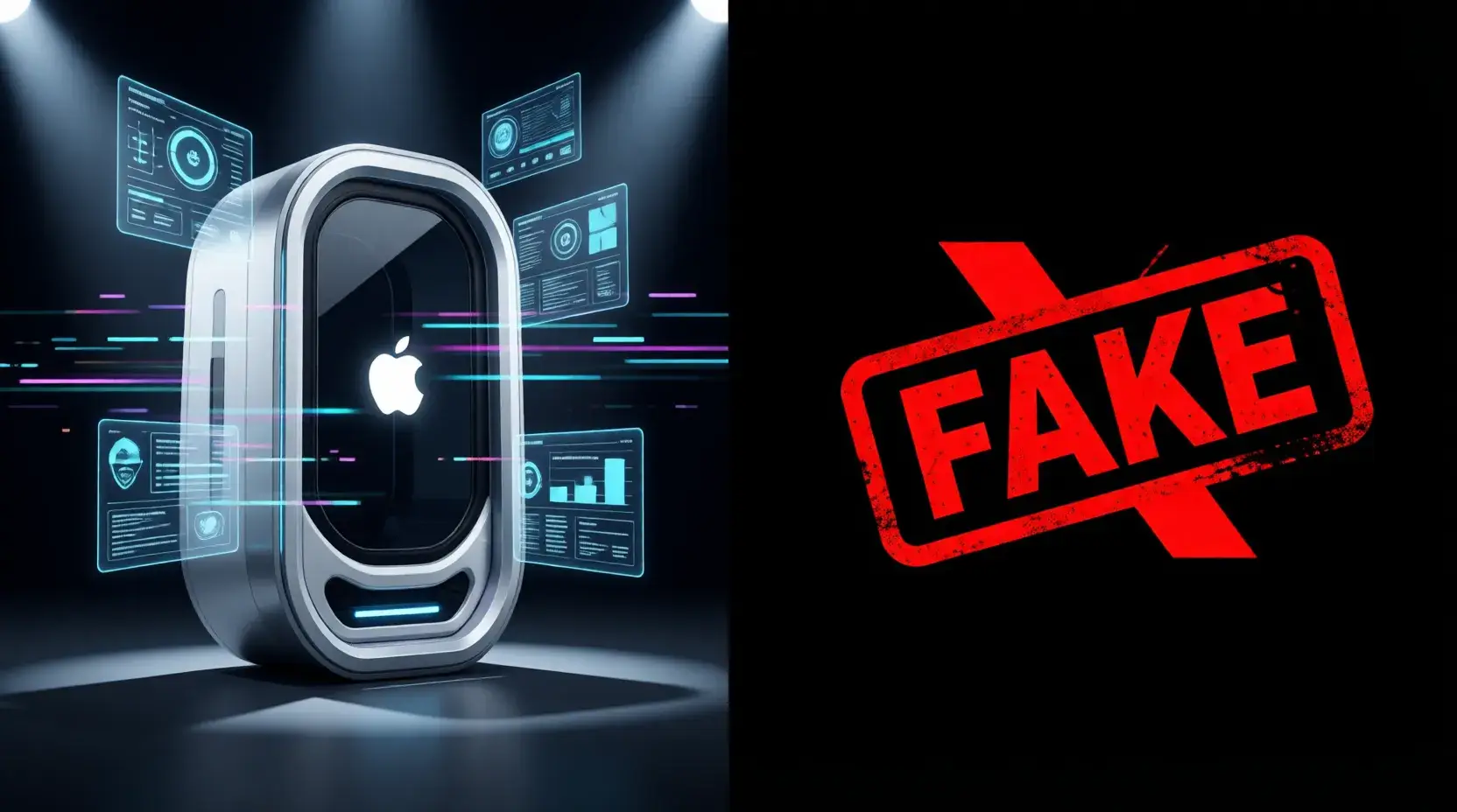 AI-generated fake Apple teleport machine on stage with warning overlay about viral hoax