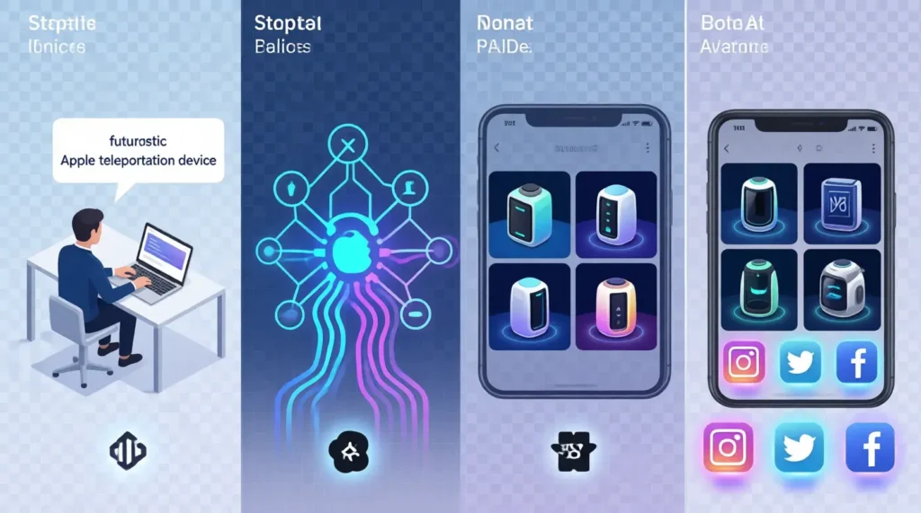 AI image generation workflow showing Midjourney and DALL-E creating fake Apple teleport pictures