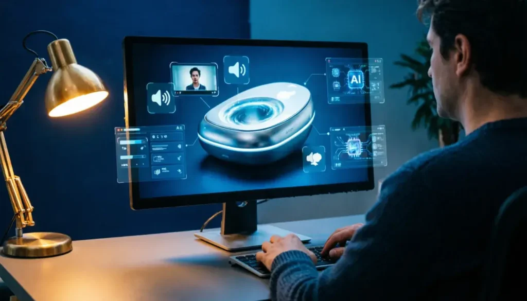 AI tools generating fake apple teleport video content shown on laptop screen, digital illustration