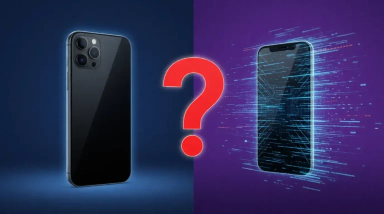 Apple iPhone teleport fake video showing phone disappearing with question mark overlay