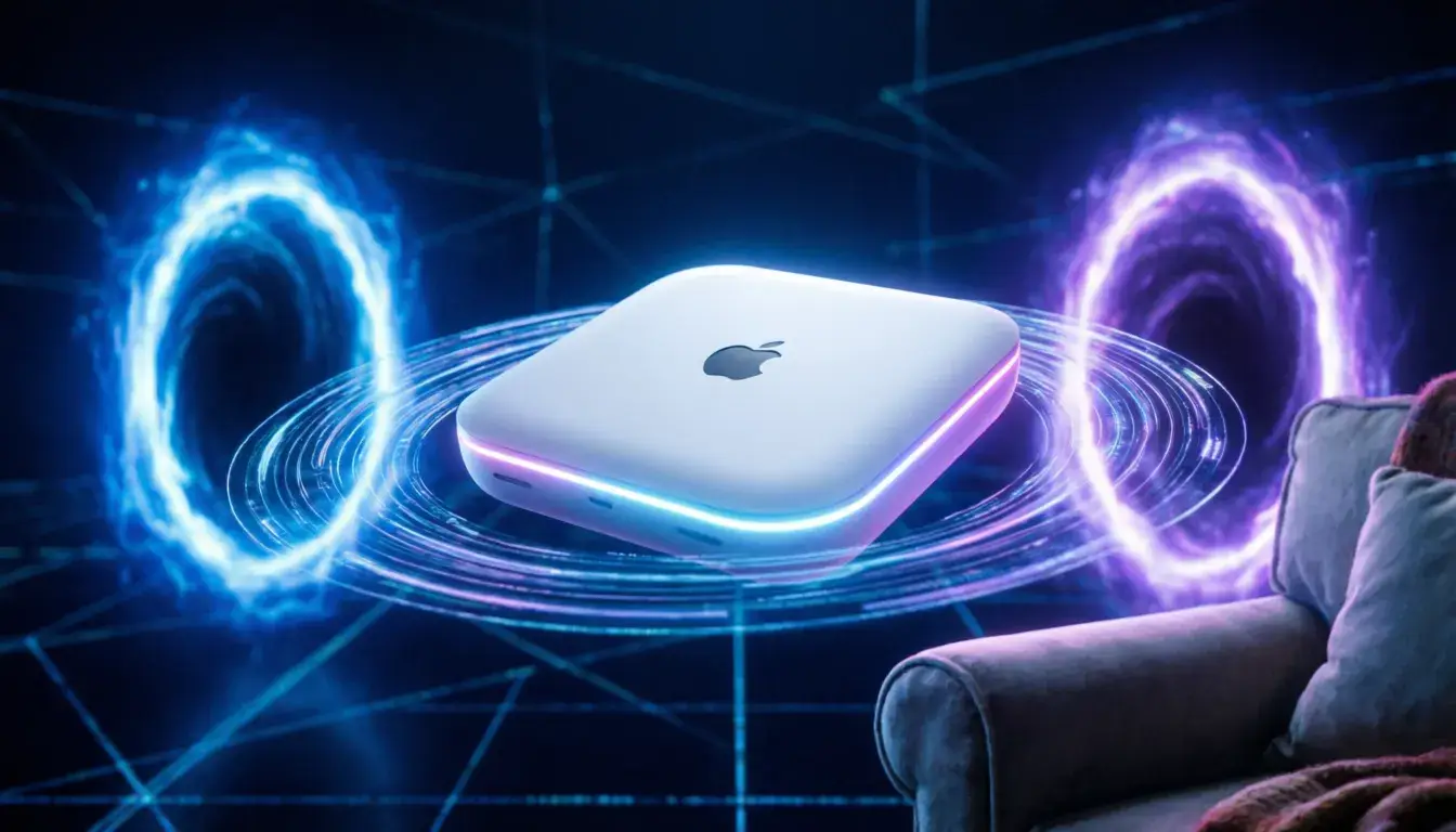 Apple teleport concept device glowing in futuristic digital space representing virtual teleportation technology 2025