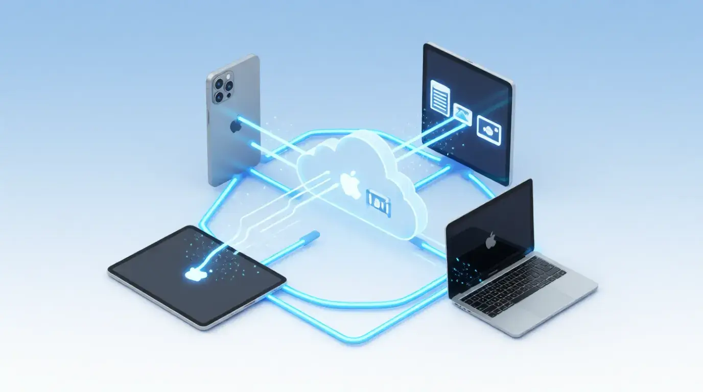 Apple Teleport file transfer between iPhone, iPad and Mac devices with cloud sync visualization
