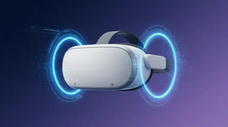 Apple teleport machine concept showing virtual reality headset with holographic teleportation effects