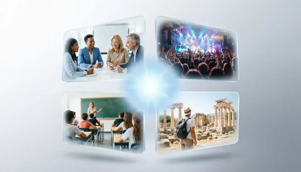Apple teleport uses summary collage showing four key applications - business meetings, concerts, education, tourism in circular holographic frames