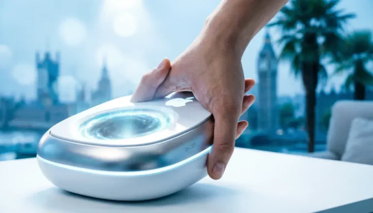 Apple teleport VIP fictional device concept shown as sleek AI-generated product render on white background