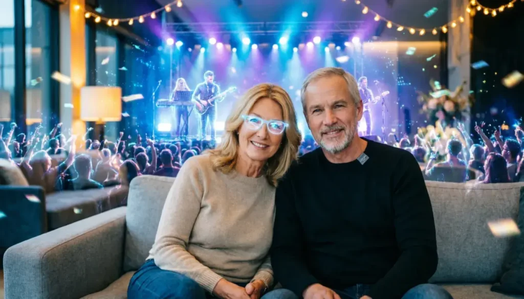 Apple Teleportation video concept showing person enjoying virtual concert from home with holographic crowd and stage in living room