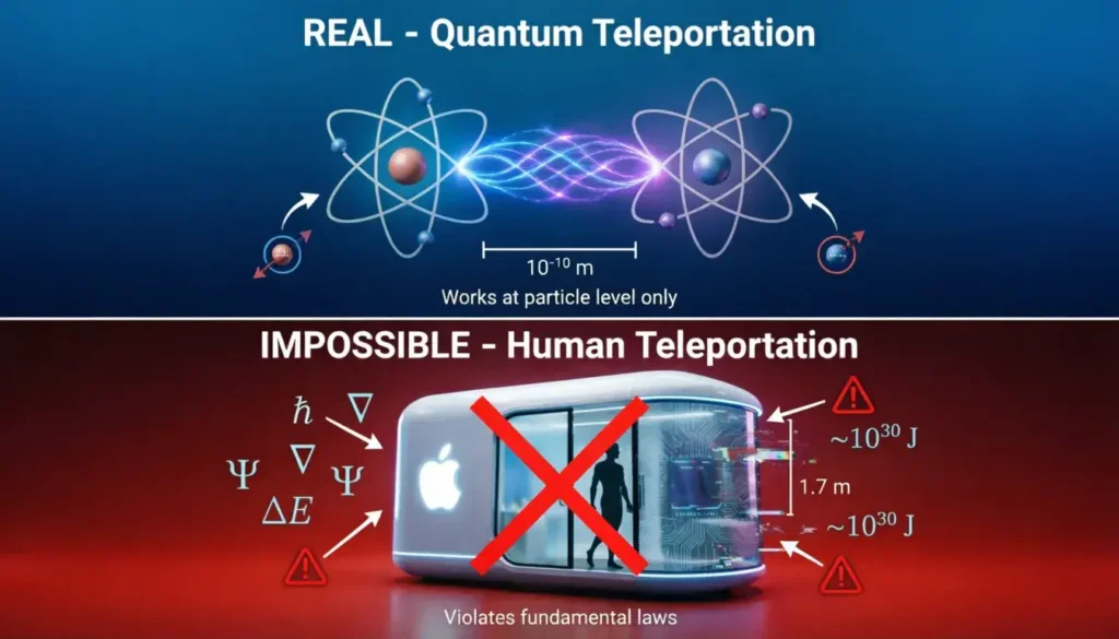 Diagram comparing real quantum teleportation at particle level versus impossible human-scale apple teleportation