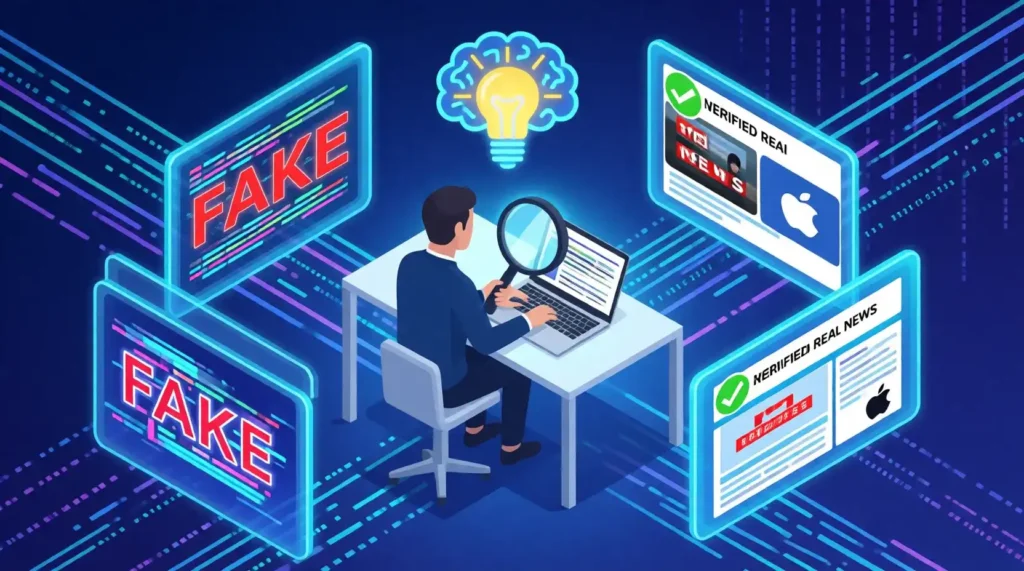 Digital literacy concept showing person distinguishing real Apple news from AI-generated hoaxes