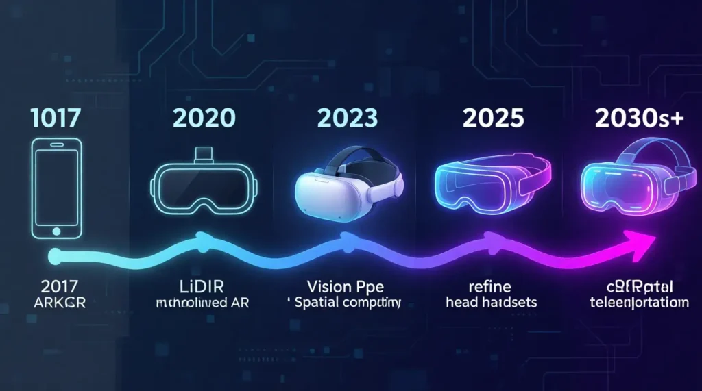 Future of virtual reality and teleportation technology timeline showing evolution from current VR to future innovations