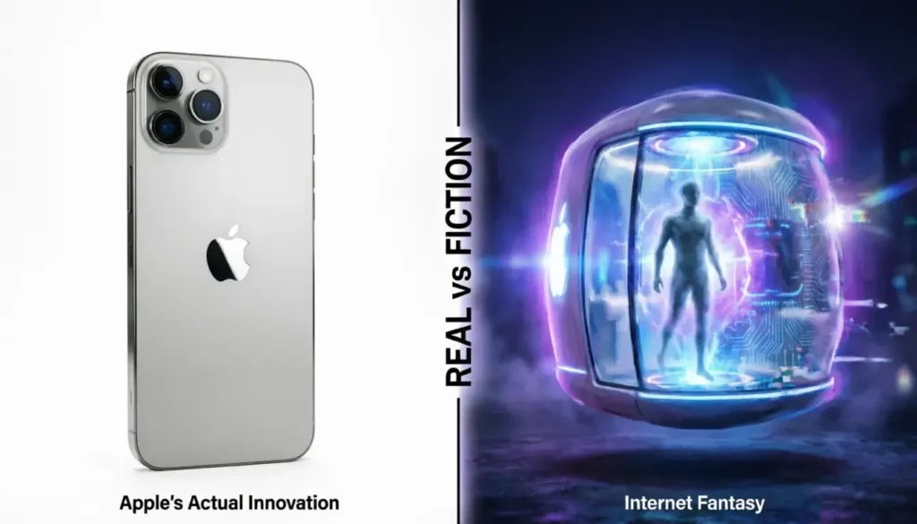 Official Apple product versus conceptual apple teleport machine showing clear differences in design reality