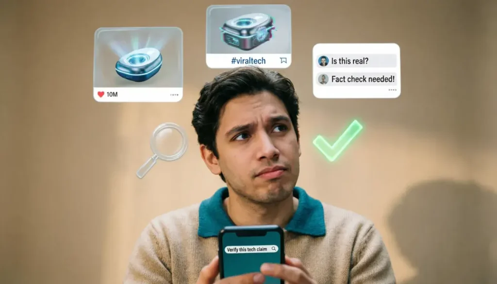 Person using smartphone to fact-check viral apple teleport VIP claim before sharing on social media