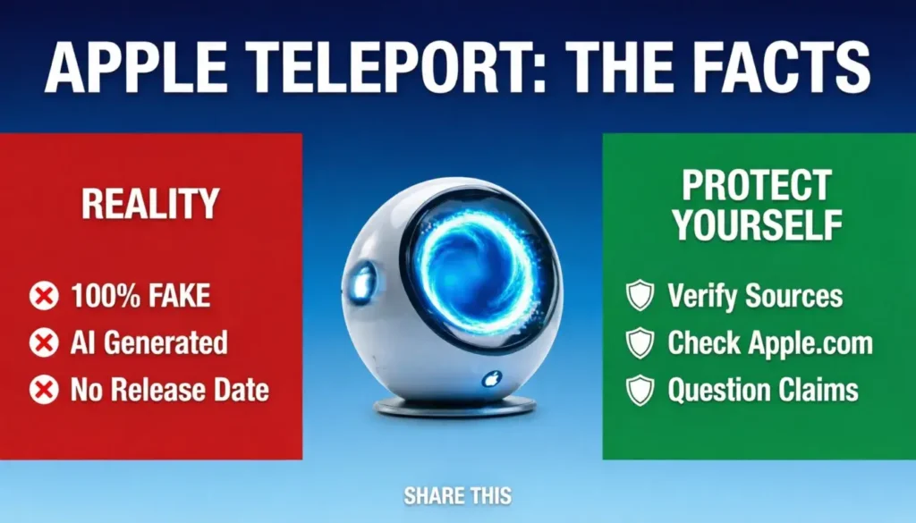 Quick facts summary showing apple teleport is fake with key warning signs and verification tips