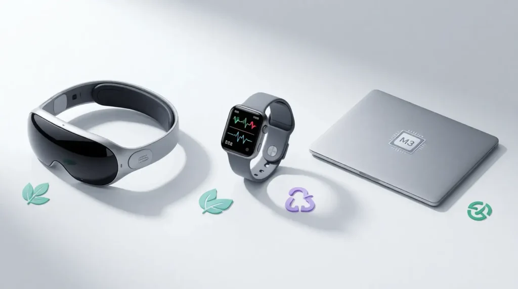 Real Apple products in development including Vision Pro, Apple Watch health features, and M3 Macs