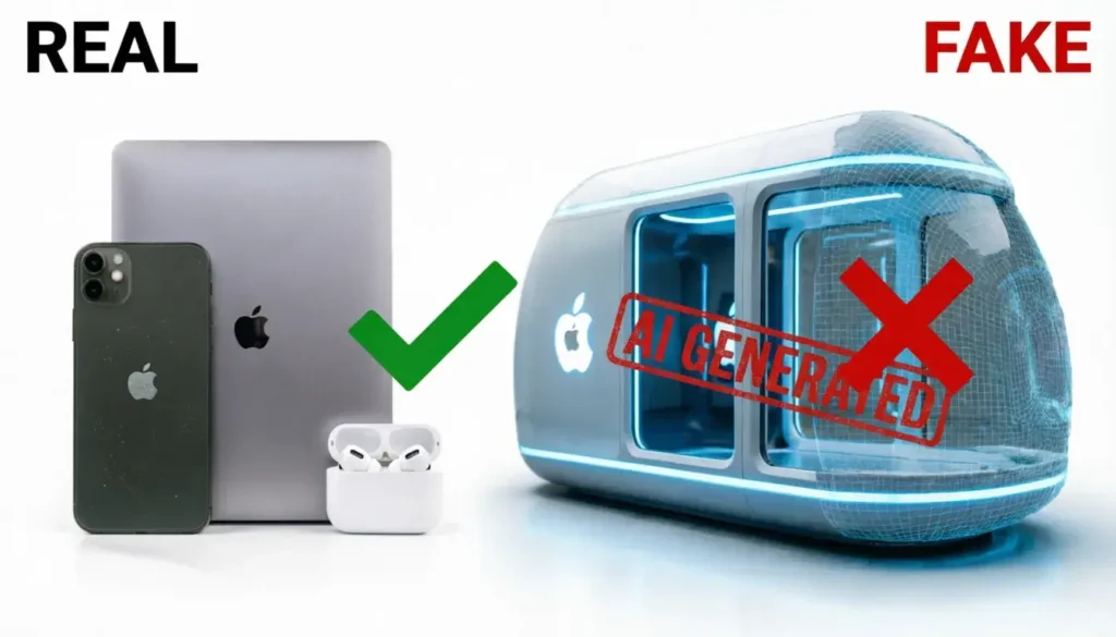 Real vs fake technology comparison showing authentic Apple products versus AI-generated teleporter