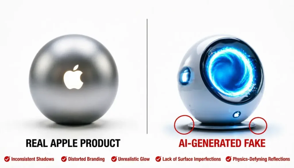 Side by side comparison of real Apple product photo versus fake apple teleport picture with red flags