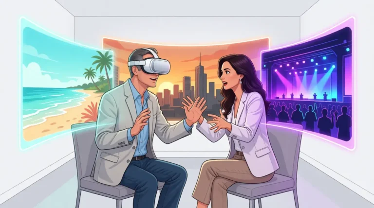 Virtual reality teleportation concept showing person using VR headset experiencing immersive digital environment